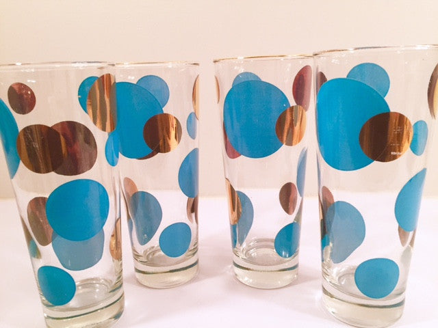 Russel Wright Mid-Century Bright Blue & 22-Karat Gold Eclipse Tall Collins Glasses (Set of 4)