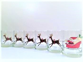 Cera Signed Vintage Santa Sleigh Ride Double Old Fashion Glasses (Set of 6)