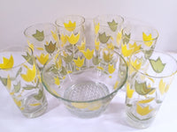 Load image into Gallery viewer, Culver Signed Mid-Century Yellow and Green Tulip Set (6 Glasses and Ice Container)
