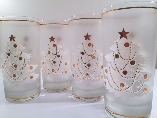 Culver- Signed White Christmas Tree & 22-Karat Gold Mid-Century Glasses with Original Box (Set of 4)