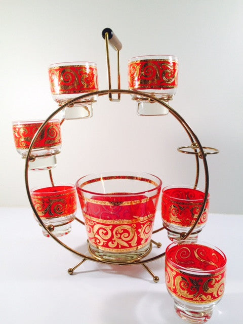 Culver - Mid-Century 22-Karat Gold & Red Paisley Ferris Wheel Drink Set (6 glasses, Ice Container, Carrier)