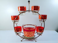 Load image into Gallery viewer, Culver - Mid-Century 22-Karat Gold &amp; Red Paisley Ferris Wheel Drink Set (6 glasses, Ice Container, Carrier)
