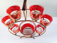 Load image into Gallery viewer, Culver - Mid-Century 22-Karat Gold &amp; Red Paisley Ferris Wheel Drink Set (6 glasses, Ice Container, Carrier)
