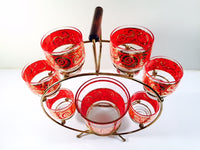 Load image into Gallery viewer, Culver - Mid-Century 22-Karat Gold &amp; Red Paisley Ferris Wheel Drink Set (6 glasses, Ice Container, Carrier)
