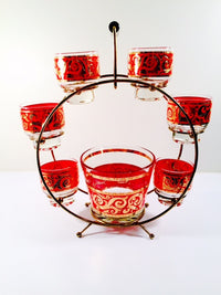 Load image into Gallery viewer, Culver - Mid-Century 22-Karat Gold &amp; Red Paisley Ferris Wheel Drink Set (6 glasses, Ice Container, Carrier)
