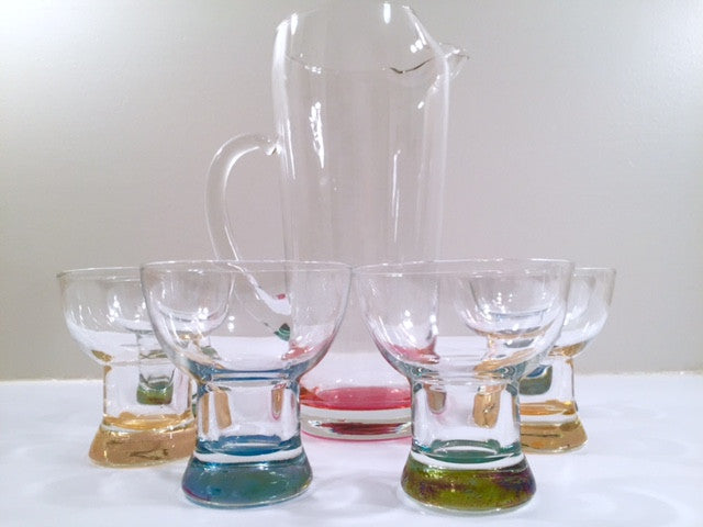 Mid-Century Vintage Rainbow Martini Pitcher with 6 low-ball glasses (1 Pitcher and 6 Low-Ball Glasses)