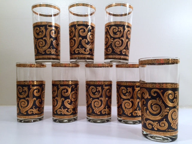 Culver - Signed Mid-Century 22-Karat Gold Baroque Scroll Highball Glasses (Set of 8)
