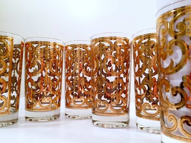 Georges Briard - Signed Mid-Century 22-Karat Gold Fleur-De-Lis Highball Glasses (Set of 6)