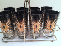 Load image into Gallery viewer, Fred Press - Signed Mid-Century Celestial/Atomic Burst 22-Karat Gold &amp; Black Glasses (Set of 8 with Carrier)
