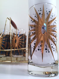 Load image into Gallery viewer, Fred Press - Signed Mid-Century Celestial/Atomic Burst 22-Karat Gold &amp; Black Glasses (Set of 8 with Carrier)
