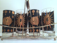 Load image into Gallery viewer, Fred Press - Signed Mid-Century Celestial/Atomic Burst 22-Karat Gold &amp; Black Glasses (Set of 8 with Carrier)
