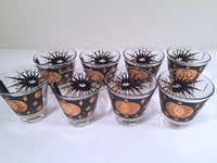 Load image into Gallery viewer, Fred Press - Signed Mid-Century Celestial/Atomic Burst 22-Karat Gold &amp; Black Double-Shot/Whiskey Glasses (Set of 8)
