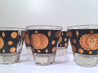 Load image into Gallery viewer, Fred Press - Signed Mid-Century Celestial/Atomic Burst 22-Karat Gold &amp; Black Double-Shot/Whiskey Glasses (Set of 8)
