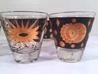 Load image into Gallery viewer, Fred Press - Signed Mid-Century Celestial/Atomic Burst 22-Karat Gold &amp; Black Double-Shot/Whiskey Glasses (Set of 8)
