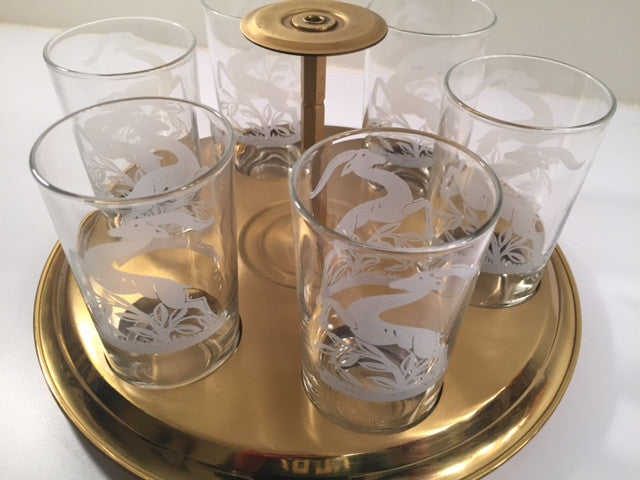 Federal Glass Mid-Century Art Deco Gazelle Bar Set (6 Glasses and Carrier)