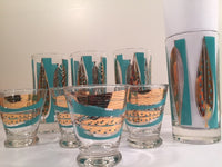 Load image into Gallery viewer, Fred Press Signed Mid-Century 22-Karat Gold &amp; Blue Leaf Tall and Whiskey Glasses (Set of 4 tall glasses &amp; 4 whiskey glasses)
