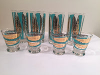 Load image into Gallery viewer, Fred Press Signed Mid-Century 22-Karat Gold &amp; Blue Leaf Tall and Whiskey Glasses (Set of 4 tall glasses &amp; 4 whiskey glasses)
