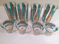 Load image into Gallery viewer, Fred Press Signed Mid-Century 22-Karat Gold &amp; Blue Leaf Tall and Whiskey Glasses (Set of 4 tall glasses &amp; 4 whiskey glasses)
