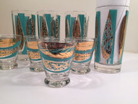 Load image into Gallery viewer, Fred Press Signed Mid-Century 22-Karat Gold &amp; Blue Leaf Tall and Whiskey Glasses (Set of 4 tall glasses &amp; 4 whiskey glasses)
