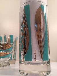 Load image into Gallery viewer, Fred Press Signed Mid-Century 22-Karat Gold &amp; Blue Leaf Tall and Whiskey Glasses (Set of 4 tall glasses &amp; 4 whiskey glasses)
