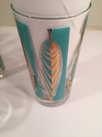 Load image into Gallery viewer, Fred Press Signed Mid-Century 22-Karat Gold &amp; Blue Leaf Tall and Whiskey Glasses (Set of 4 tall glasses &amp; 4 whiskey glasses)
