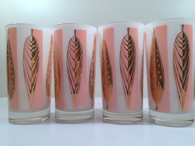 Fred Press - Signed Mid-Century 22-Karat Gold Frosted Pink Leaf Glasses (Set of 4)