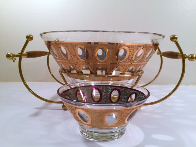 Culver Mid-Century 22-Karat Gold & Green Pisa Bowls and Carrier (Set of 2 Bowls with Carrier)
