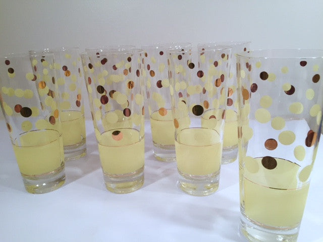 Fred Press Signed Mid-Century Yellow and 22-Karat Gold Polka Dot Tall Collins Glasses (Set of 7)
