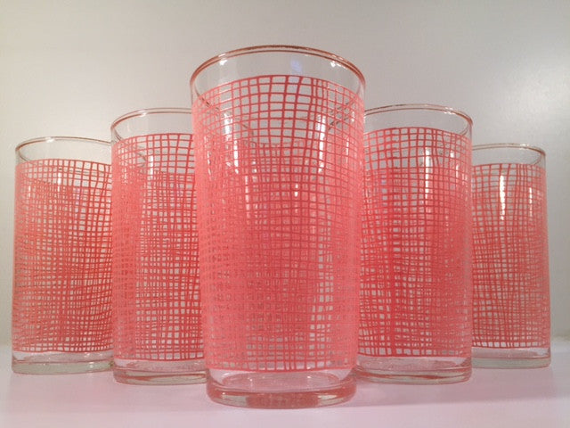 Federal Glass Mid-Century Pink Weave with 22-Karat Gold Rim Glasses (Set of 6)