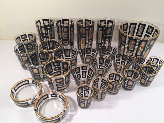Mid-Century Jeannette Glassware Black and 22-Karat Gold Geometric 25-Piece Bar Set