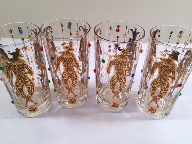 Culver Mid-Century Mardi Gras Jester With Jewels Highball Glasses (Set of 4)
