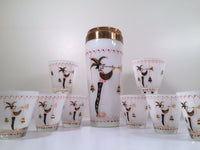 Load image into Gallery viewer, Gay Fad 1950s Court Jester Cocktail Shaker and 8 Single Old Fashioned Glasses Set
