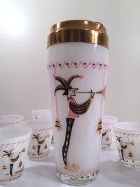 Load image into Gallery viewer, Gay Fad 1950s Court Jester Cocktail Shaker and 8 Single Old Fashioned Glasses Set
