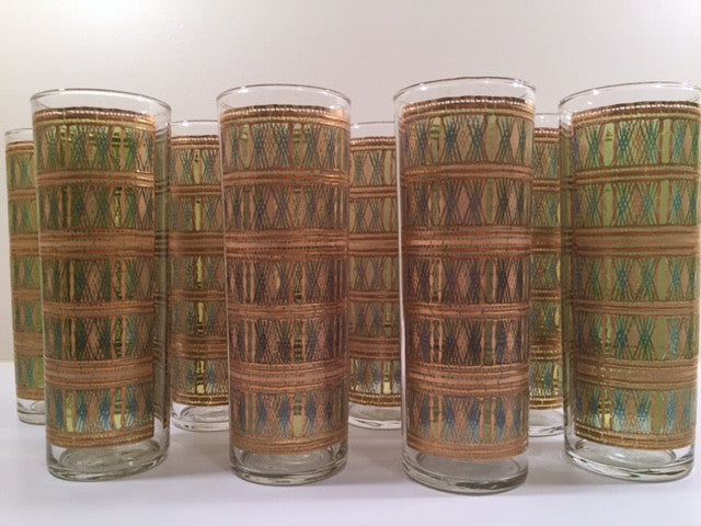 Starlyte Mid-Century Zombie Green and 22-Karat Gold Collin Glasses (Set of 8 in Original Box)