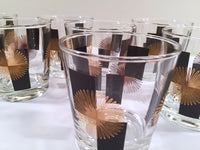 Load image into Gallery viewer, Anchor Hocking - Mid-Century Black Square with 22-Karat Gold Atomic Burst Bar Set  (Set of 24 Glasses)
