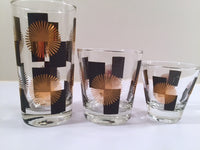 Load image into Gallery viewer, Anchor Hocking - Mid-Century Black Square with 22-Karat Gold Atomic Burst Bar Set  (Set of 24 Glasses)

