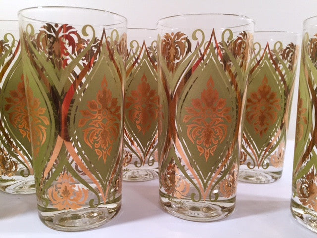 Pasinski Signed Mid-Century Avocado and 22-Karat Gold Embellished Glasses (Set of 8)