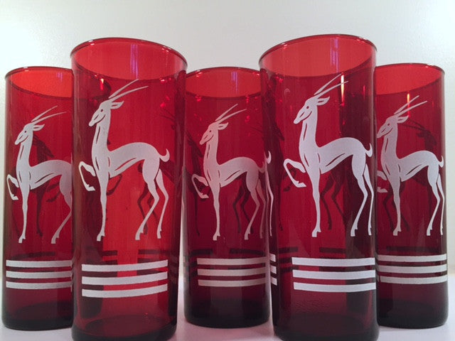 Anchor Hocking Red Gazelle Mid-Century Collins Glasses (Set of 5)