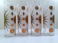 Load image into Gallery viewer, Fred Press - Signed Mid-Century Frosted White &amp; 22-Karat Gold Atomic Starburst Collins Glasses (Set of 4)
