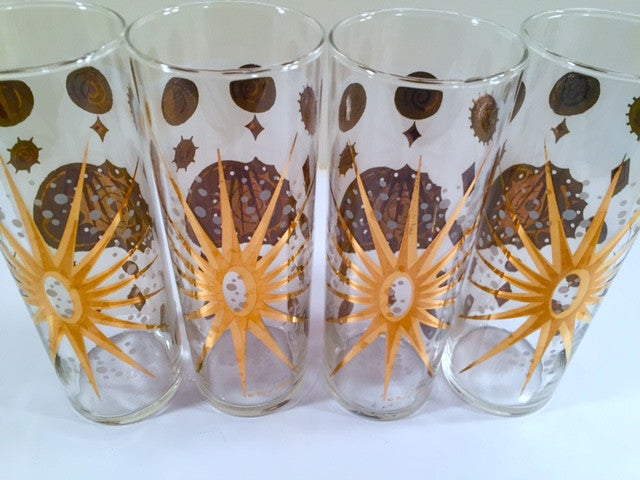 Fred Press - Signed Mid-Century Frosted White & 22-Karat Gold Atomic Starburst Collins Glasses (Set of 4)