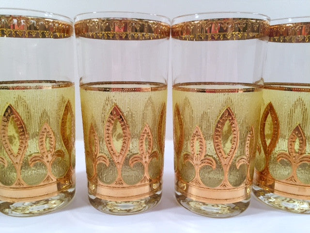 Culver - Signed Mid-Century Fleur De Lis Green & 22-Karat Gold Glasses (Set of 4)