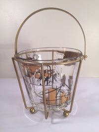 Load image into Gallery viewer, Mid-Century 22-Karat Gold and Black Mad Men Advertising Glass Ice Bucket with Carrier

