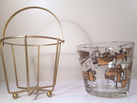 Load image into Gallery viewer, Mid-Century 22-Karat Gold and Black Mad Men Advertising Glass Ice Bucket with Carrier
