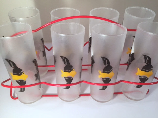 Federal Glass Mid-Century Under the Sea Fish Collins Glasses with Red Carrier (Set of 8 Glasses and Carrier)
