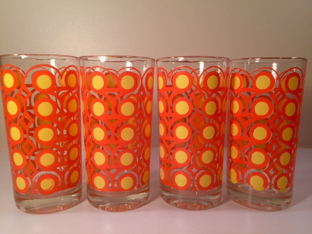 Colony Frolic Groovy Retro Orange & Yellow Circle Glasses (Set of 4)