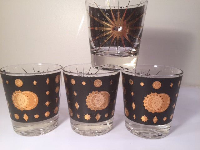 Fred Press - Signed Mid-Century Celestial/Atomic Burst 22-Karat Gold & Black Whiskey Glasses (Set of 4)