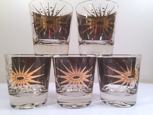 Fred Press - Signed Mid-Century Celestial/Atomic Burst 22-Karat Gold & Black Whiskey Glasses (Set of 5)