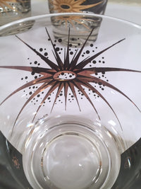 Load image into Gallery viewer, Fred Press - Signed Mid-Century Celestial/Atomic Burst 22-Karat Gold &amp; Black Whiskey Glasses (Set of 5)
