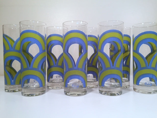 Colony Signed Blue and Green Retro Swirl Tall Collins Glasses (Set of 8)