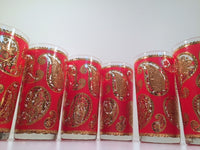 Load image into Gallery viewer, Culver Mid-Century Red &amp; 22-Karat Gold Paisley Bar Set (6 Glasses and Carrier)
